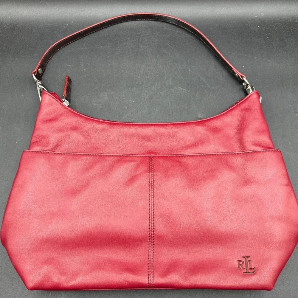 Lauren Ralph Lauren Red Leather Hobo‎ Shoulder Bag Purse Front Pocket RL Logo